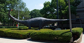 Dippy the Diplodocus fiberglass sculpture outside Carnegie Museums